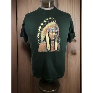 Native‎ American Chief T Shirt Mens L Green Graphic Print Fruit Of Loom Best